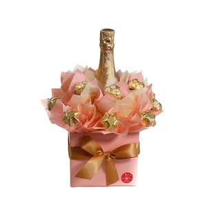 Bouquet with Ferrero Rochers Chocolate Stars and Mini Lanson Champagne Pink colour