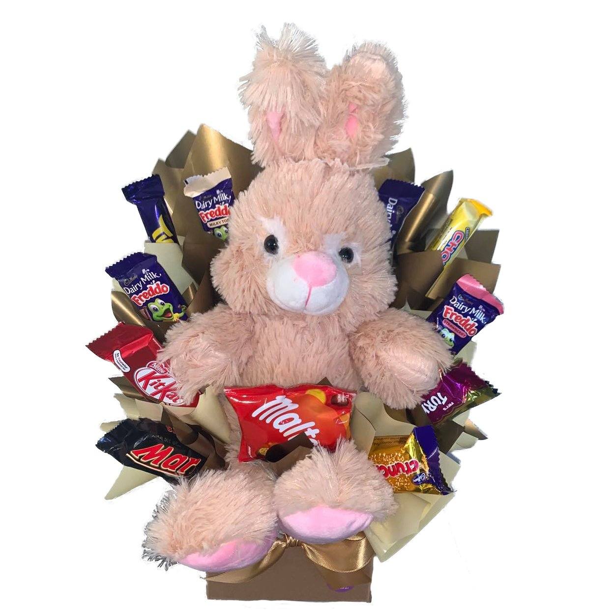 25cm plush bunny sitting in posy box with Nestle and Cadbury chocolates by Lollylicious