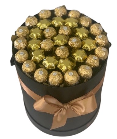 ferrero rocher and chocolate star edible gift bouquet in a black hat box
