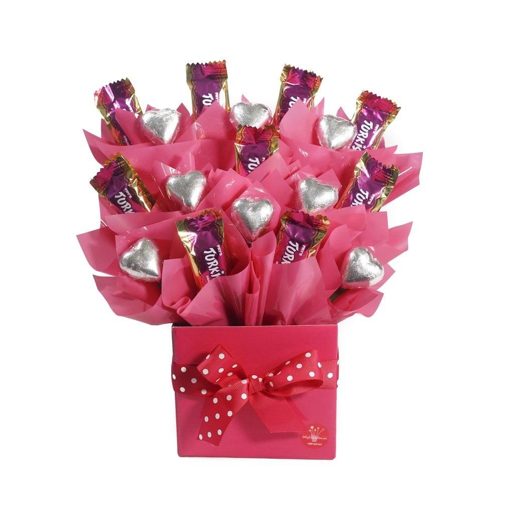 Pink Lollylicious basket with Turkish Delight's and Belgian milk chocolate hearts